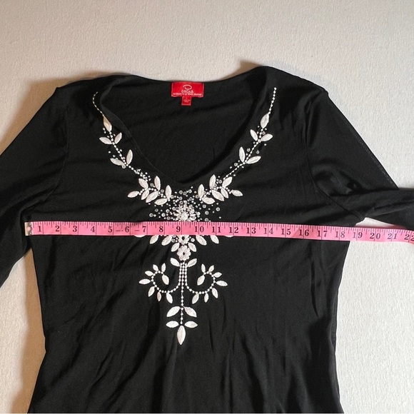 Oscar by Oscar De La Renta Long Sleeve Beaded Embroidered Black Mesh Top, Large - Picture 6 of 8